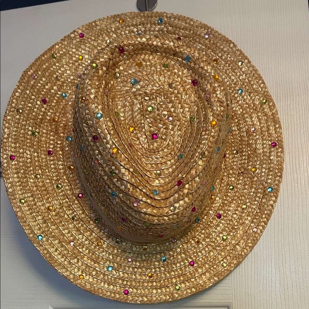 Straw Beach Hat with Multicolor Rhinestones